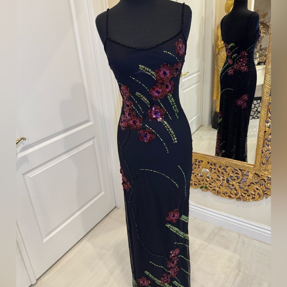 Black hand beaded designer Floral Evening Slip Dress - Picture 9 of 11